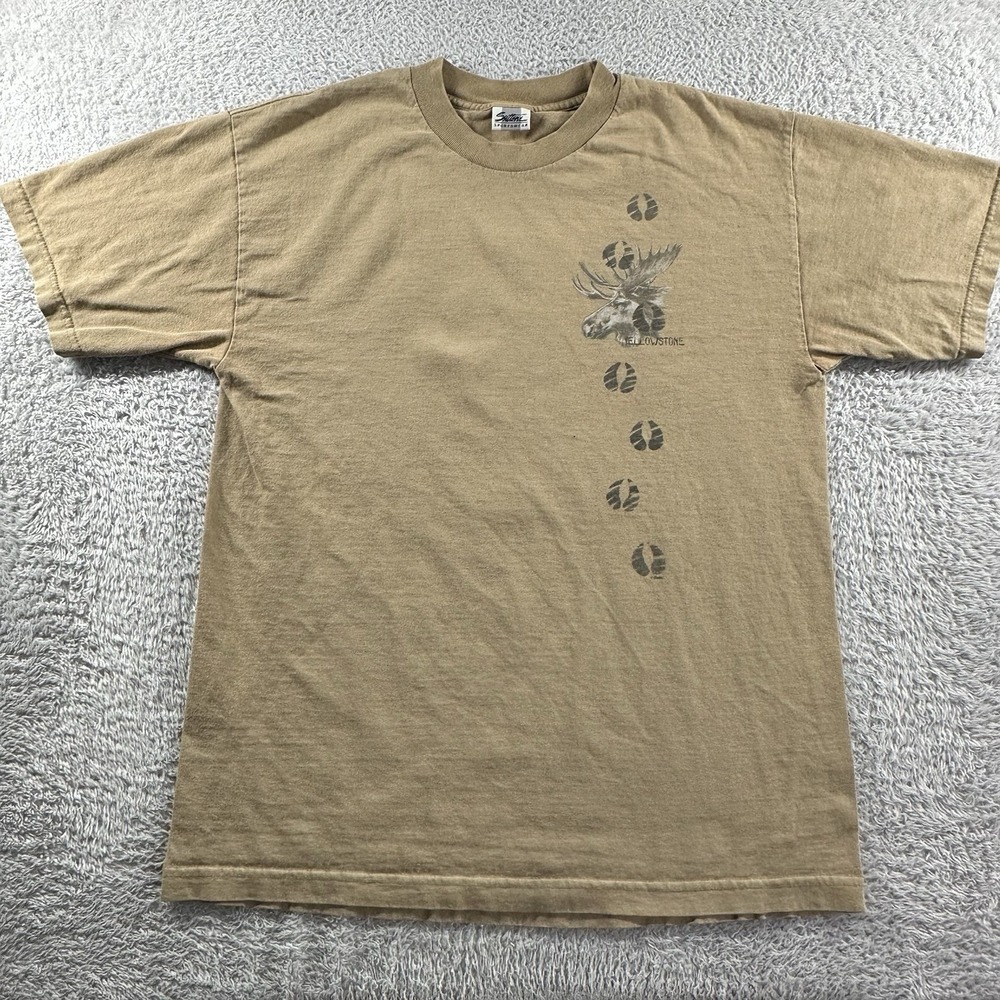 VINTAGE Destination Shirt Mens Large Brown Yellowstone Moose Deer Nature USA‎